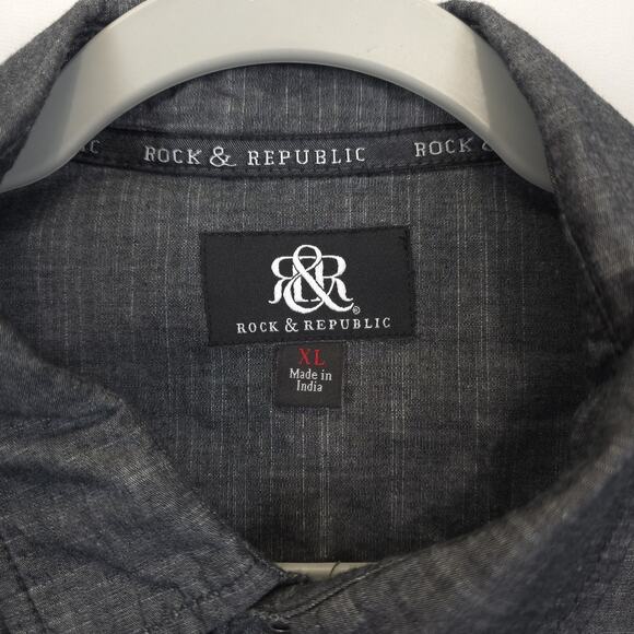 Rock & Republic Camp Button Down Shirt Flap Zip Pockets Short Sleeve Men XL Gray - Picture 7 of 9